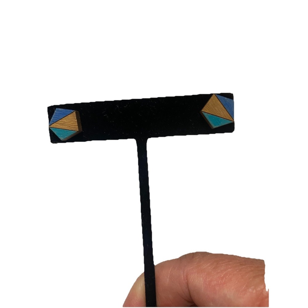 Urban Coyote Geometric Sun Ray Studs With Blue, Teal And Gold Enamel Design Wood